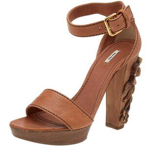 Miu Miu Vintage Camel Tan Floral Carved Wood Heel Platform Sandals – Size IT 38